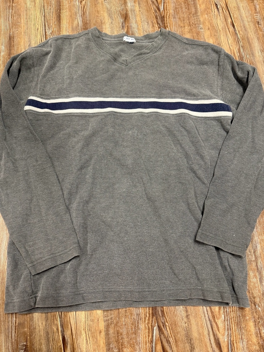 Y2K Cherokee gray long sleeve shirt with white and navy blue horizontal stripe a